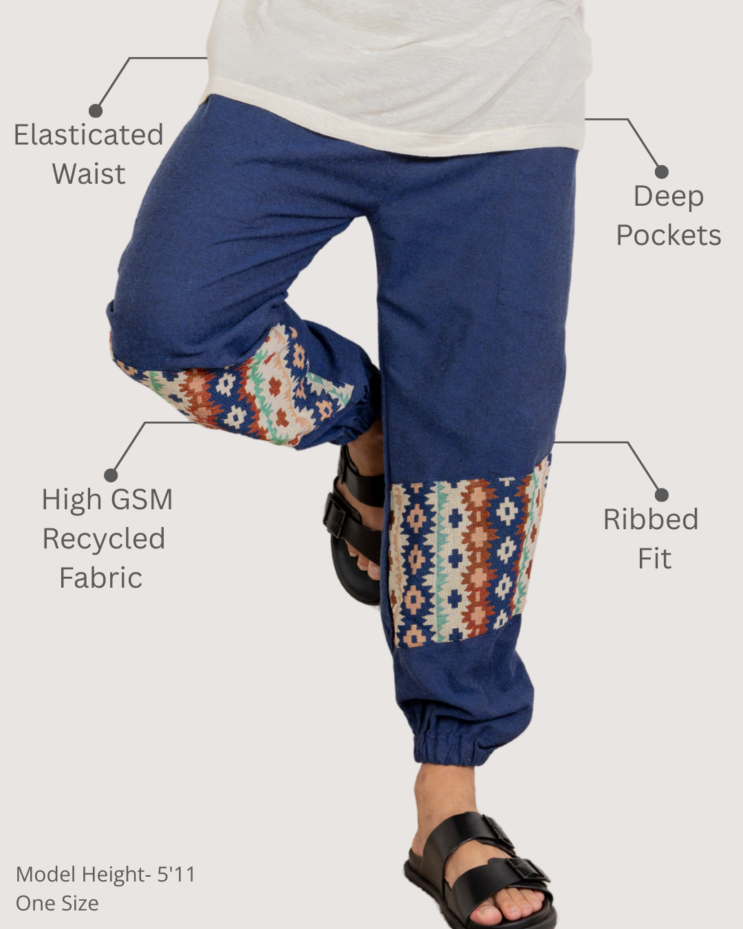 Navy Blue Men Embroidered Baggy Cotton Joggers with Lower Patch