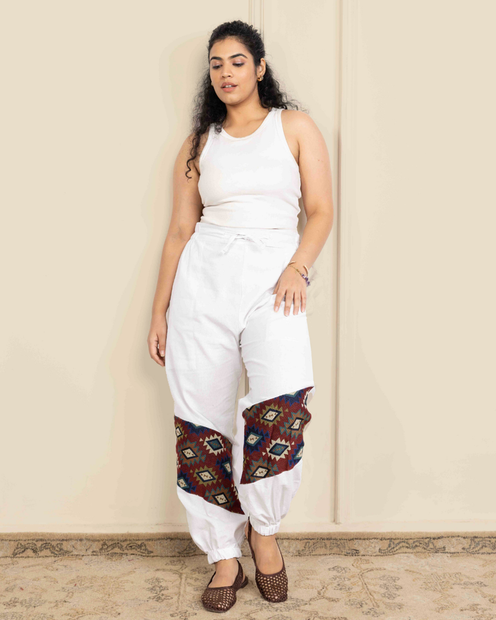 White Women Embroidered Baggy Cotton Joggers with Lower Patch