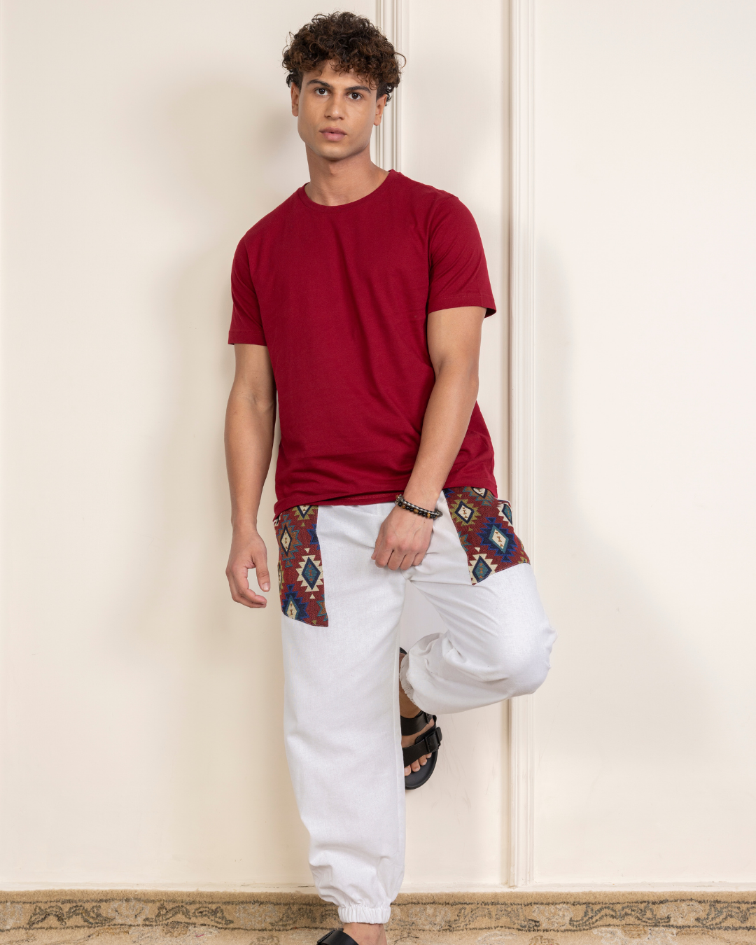 White Men Embroidered Baggy Cotton Joggers with Upper Patch