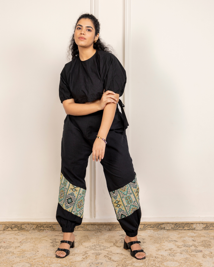 Black Women Embroidered Baggy Cotton Joggers with Lower Patch