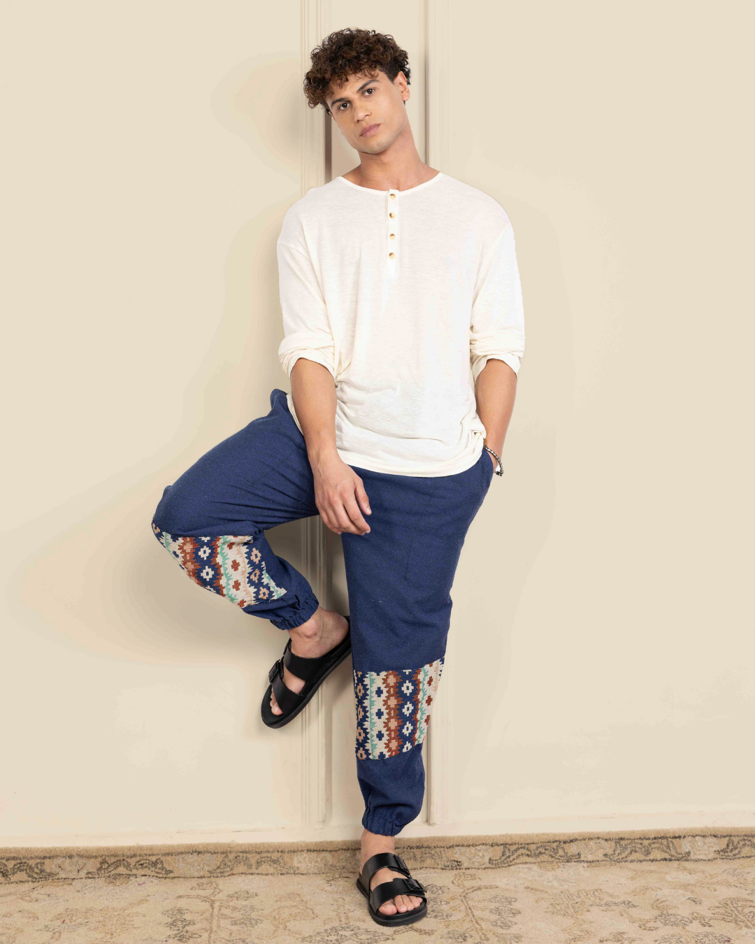 Navy Blue Men Embroidered Baggy Cotton Joggers with Lower Patch