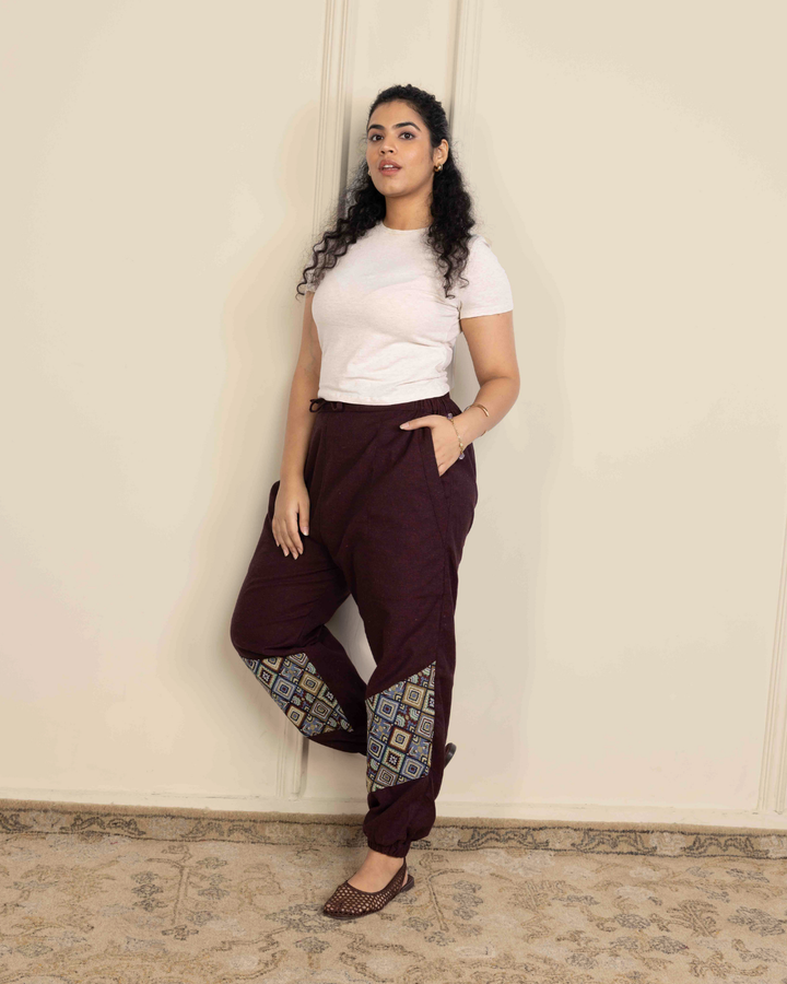 Maroon Women Embroidered Baggy Cotton Joggers with Lower Patch
