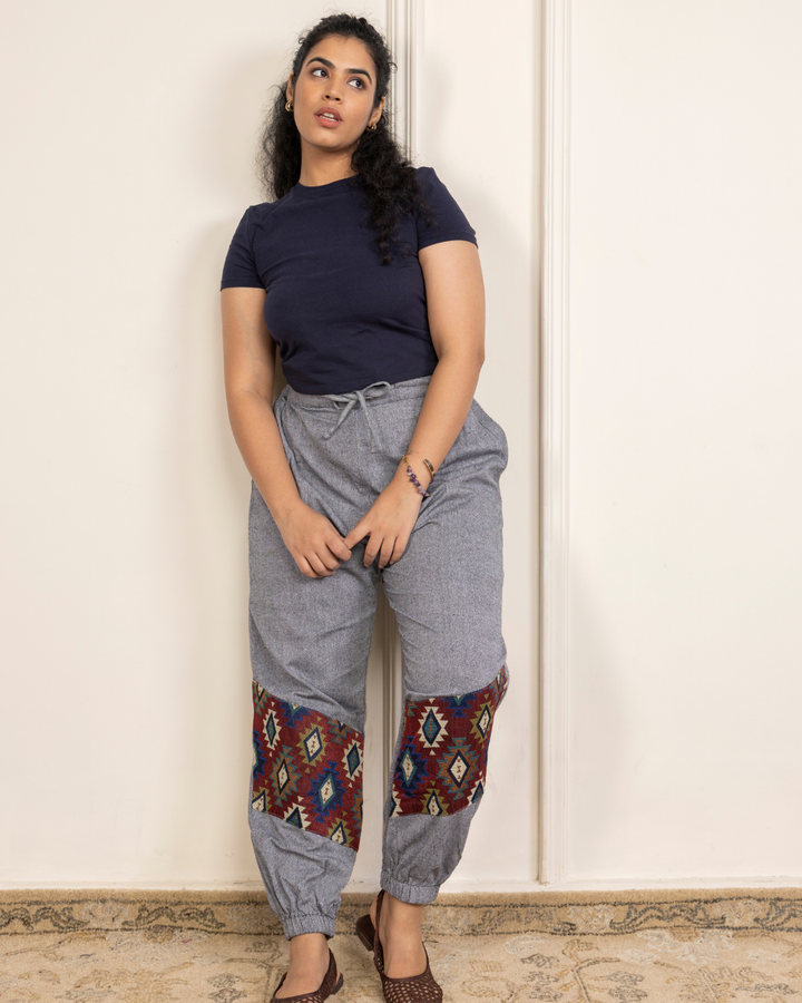 Grey Women Embroidered Baggy Cotton Joggers with Lower Patch