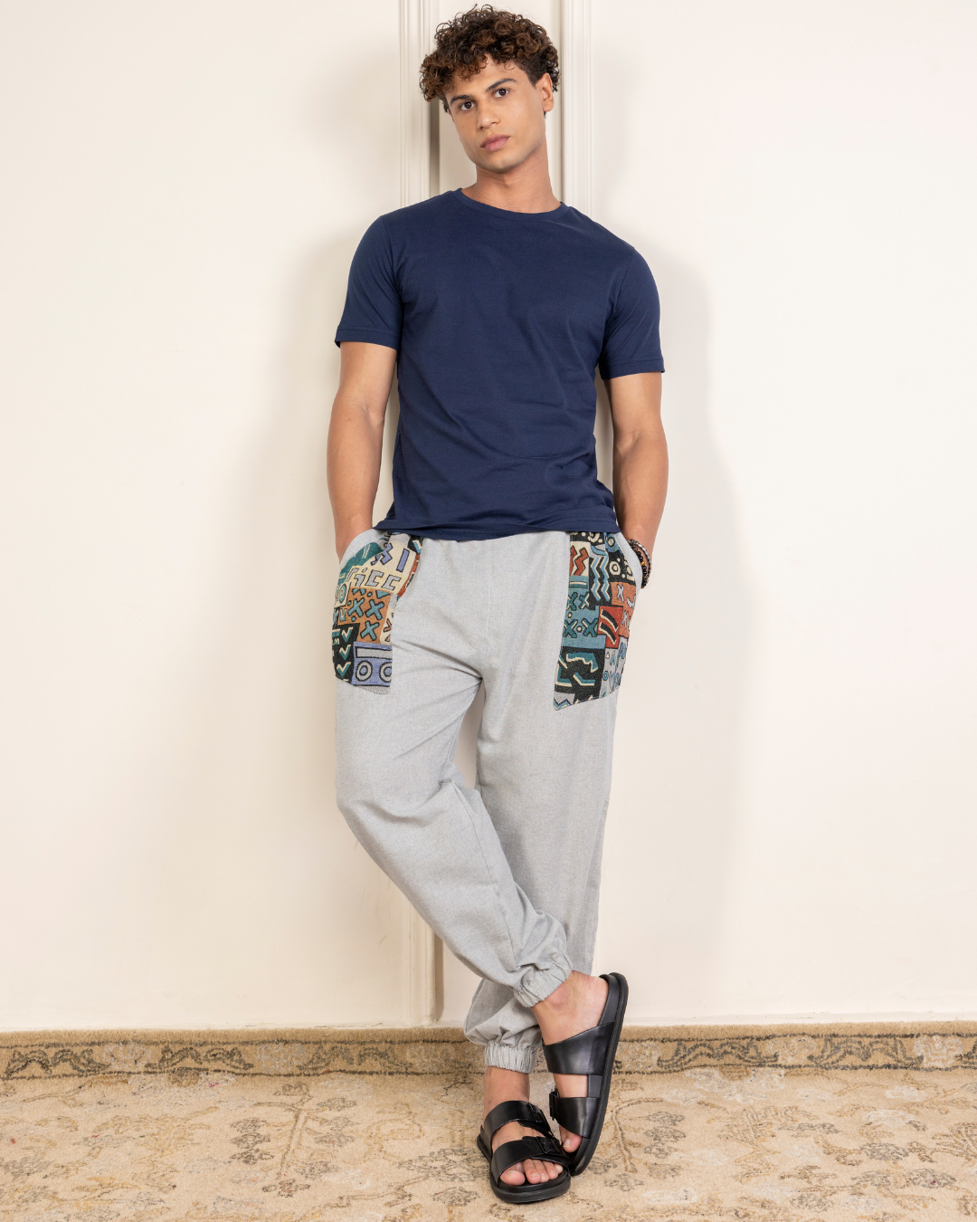 Sage Grey Men Embroidered Baggy Cotton Joggers with Upper Patch