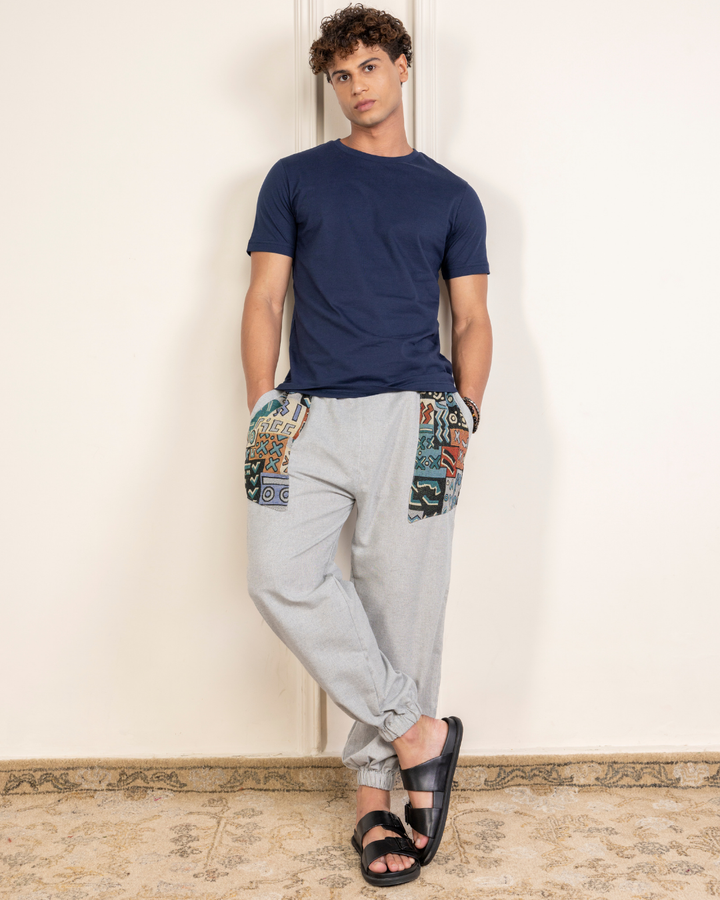 Sage Grey Men Embroidered Baggy Cotton Joggers with Upper Patch