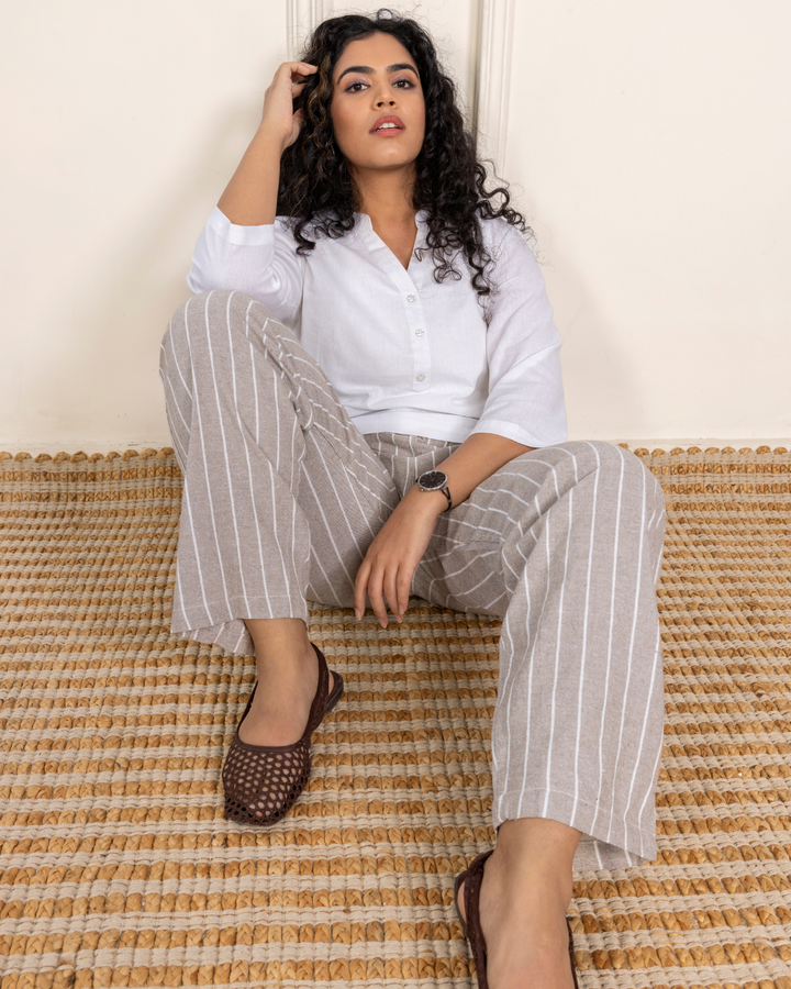 Grey Stripes Women Straight Fit Cotton Pants