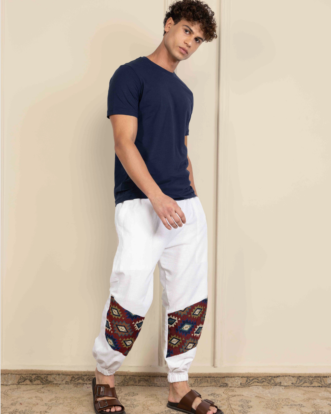 White Men Embroidered Baggy Cotton Joggers with Lower Patch
