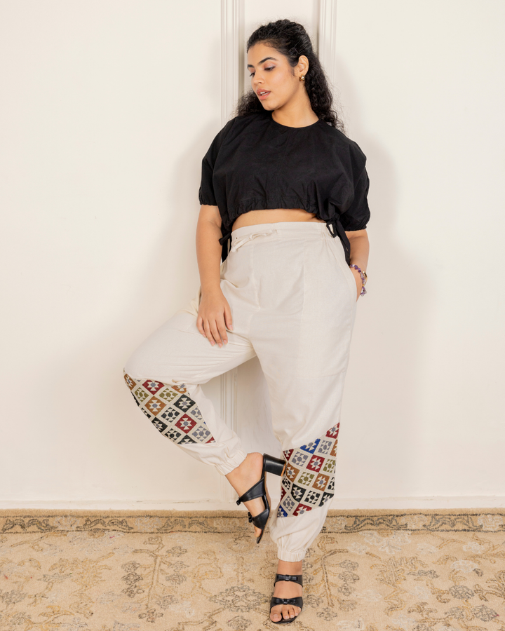 Ivory Women Embroidered Baggy Cotton Joggers with Lower Patch