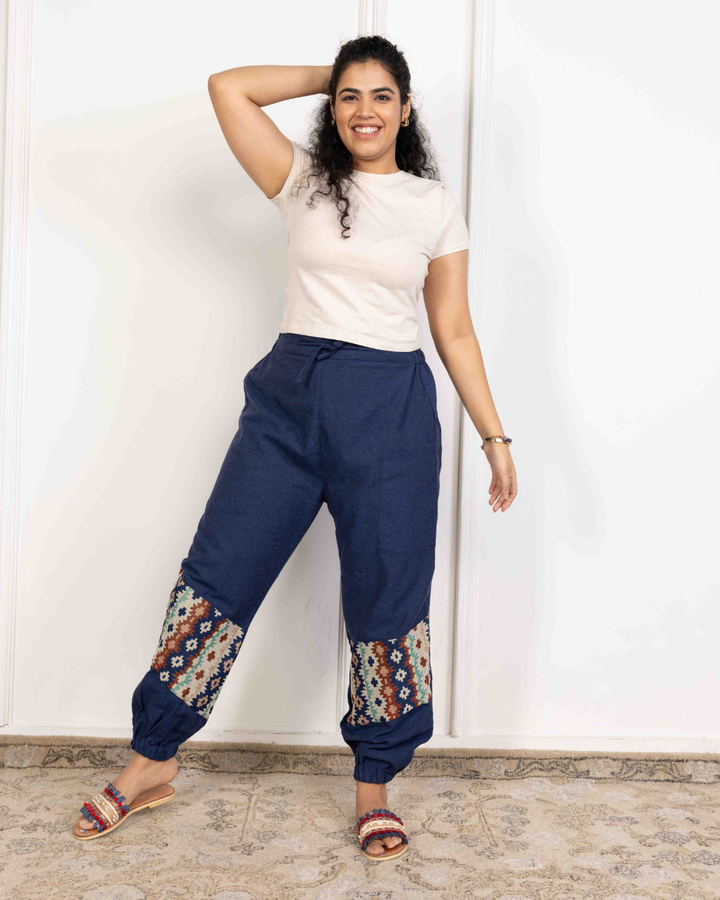 Navy Blue Women Embroidered Baggy Cotton Joggers with Lower Patch