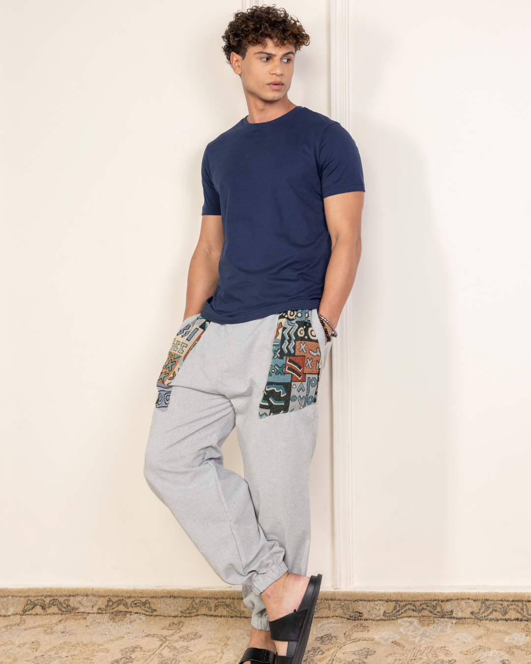 Sage Grey Men Embroidered Baggy Cotton Joggers with Upper Patch