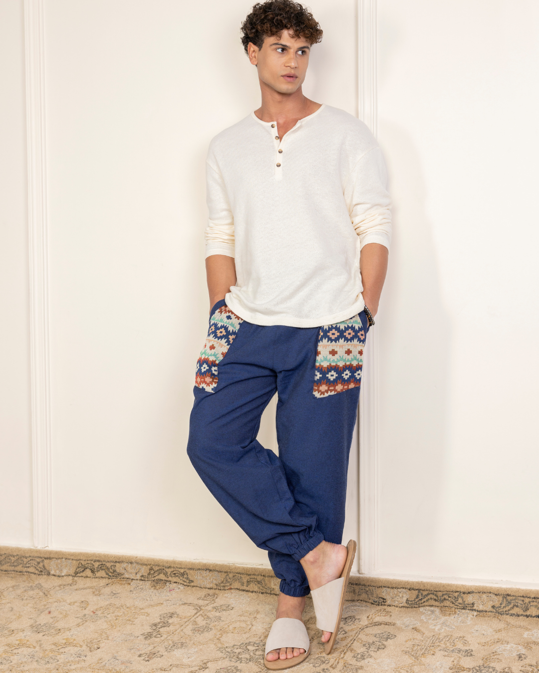 Navy Blue Men Embroidered Baggy Cotton Joggers with Upper Patch
