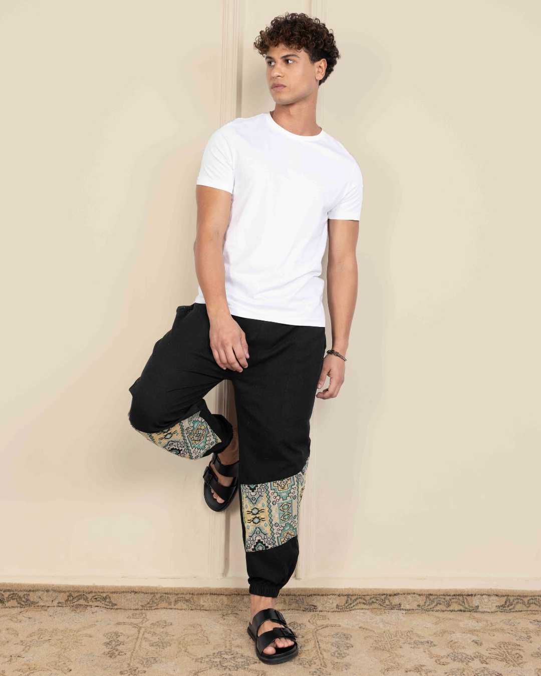 Black Men Embroidered Baggy Cotton Joggers with Lower Patch