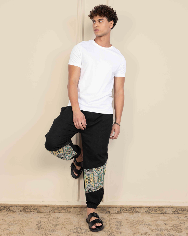 Black Men Embroidered Baggy Cotton Joggers with Lower Patch
