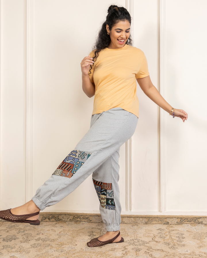 Sage Grey Women Embroidered Baggy Cotton Joggers with Lower Patch