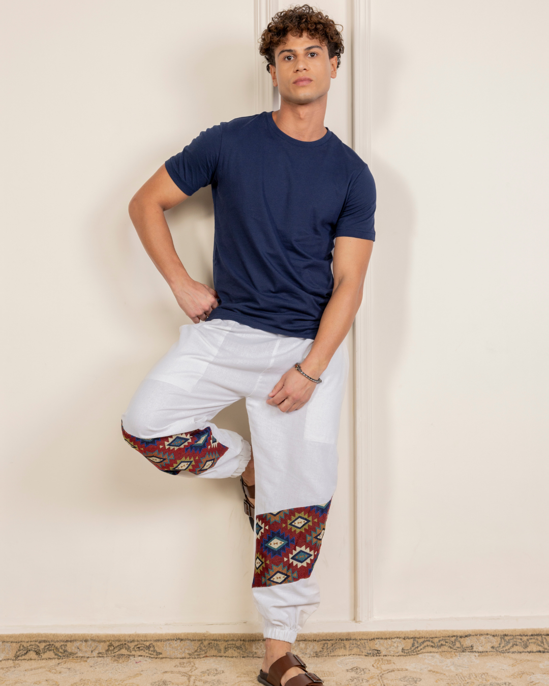 White Men Embroidered Baggy Cotton Joggers with Lower Patch