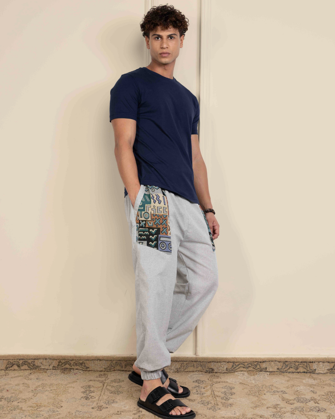 Sage Grey Men Embroidered Baggy Cotton Joggers with Upper Patch