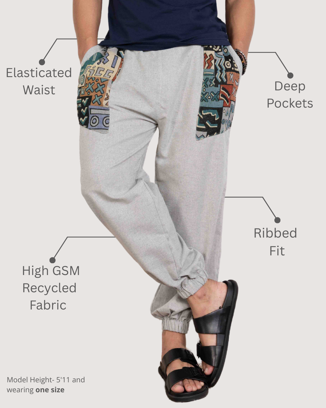 Sage Grey Men Embroidered Baggy Cotton Joggers with Upper Patch
