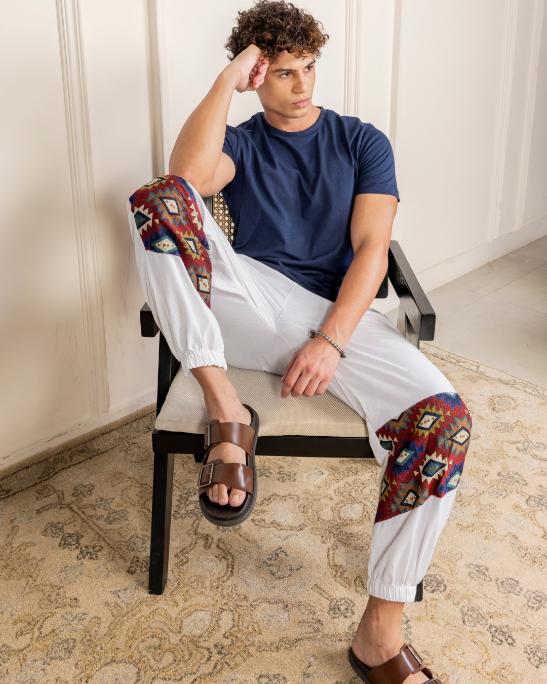 White Men Embroidered Baggy Cotton Joggers with Lower Patch