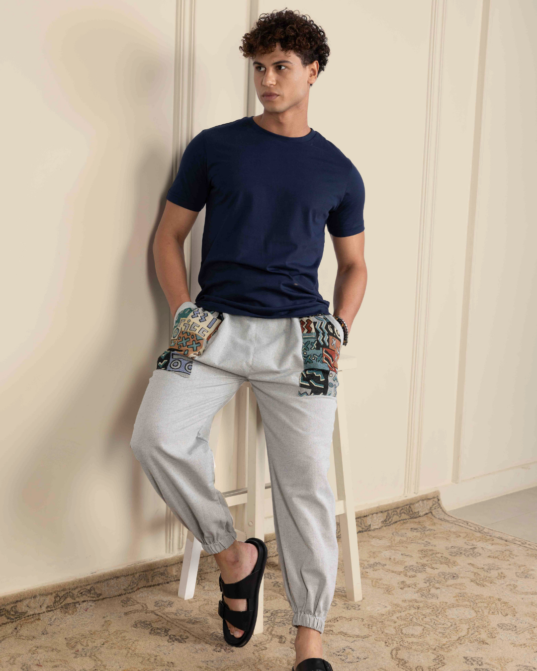 Sage Grey Men Embroidered Baggy Cotton Joggers with Upper Patch