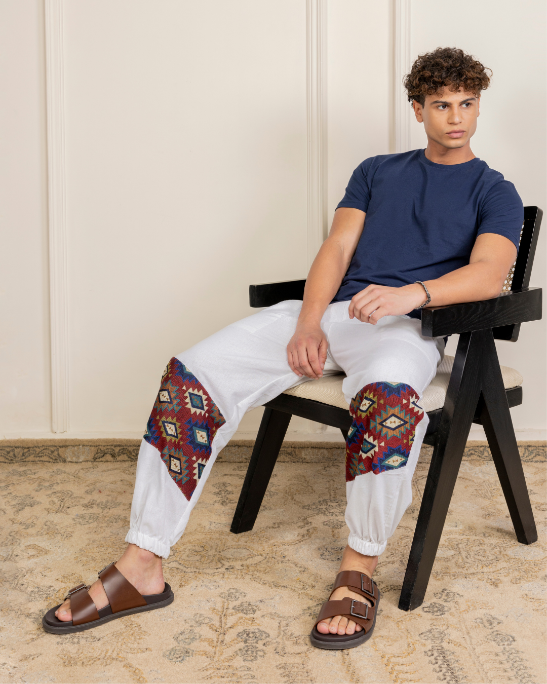 White Men Embroidered Baggy Cotton Joggers with Lower Patch