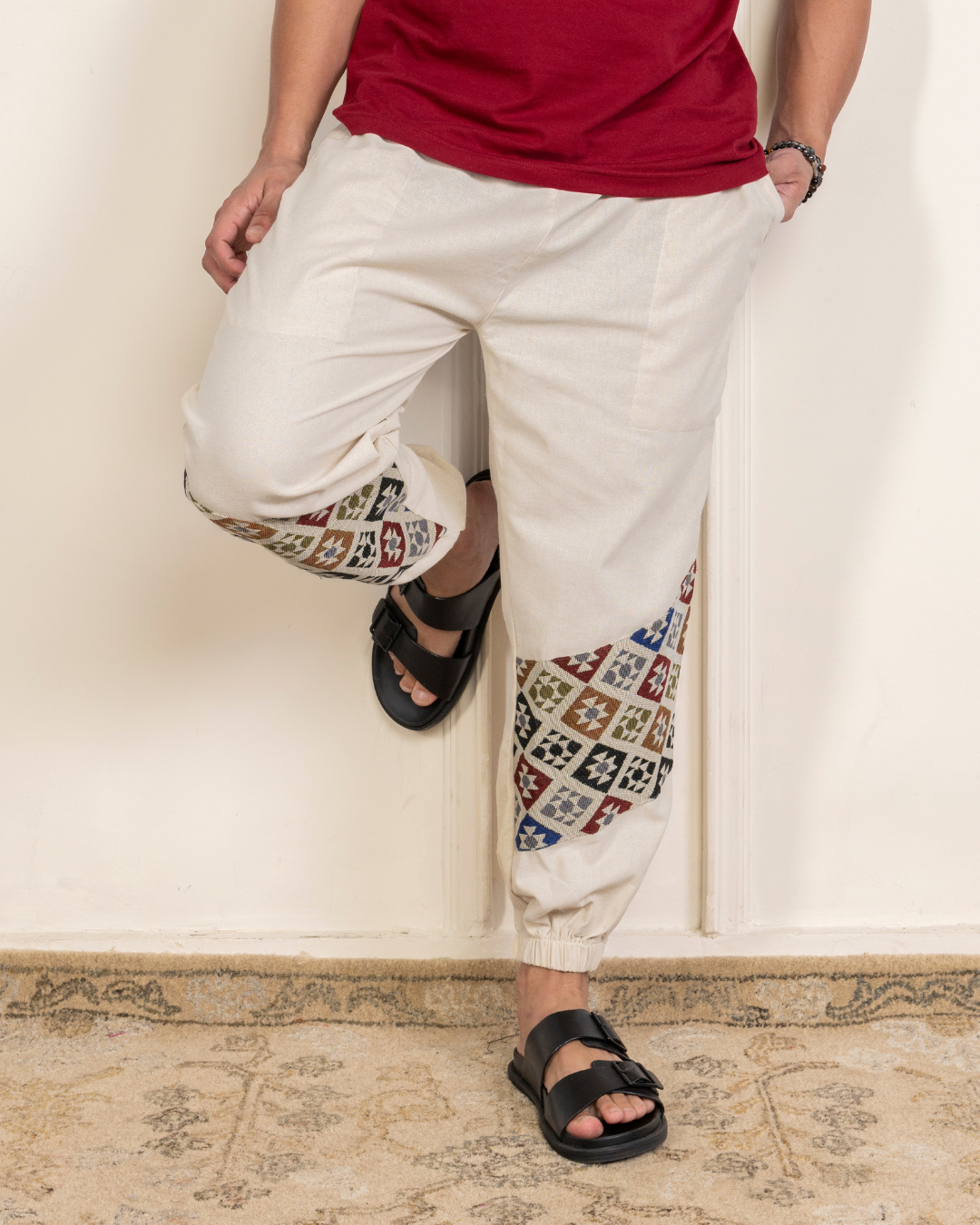 Ivory Men Embroidered Baggy Cotton Joggers with Lower Patch