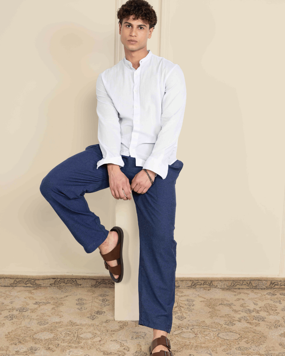 Navy Blue Straight Fit Cotton Pants