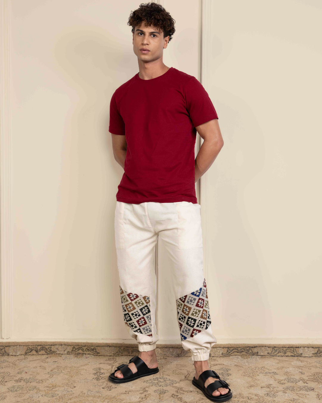 Ivory Men Embroidered Baggy Cotton Joggers with Lower Patch