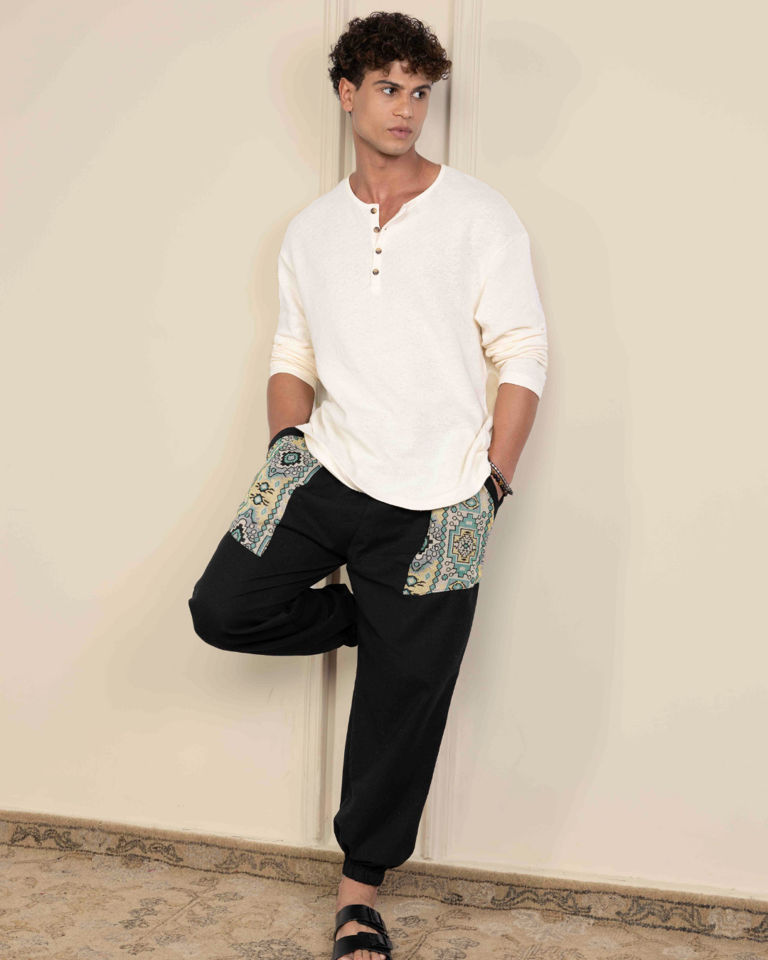 Black Men Embroidered Baggy Cotton Joggers with Upper Patch