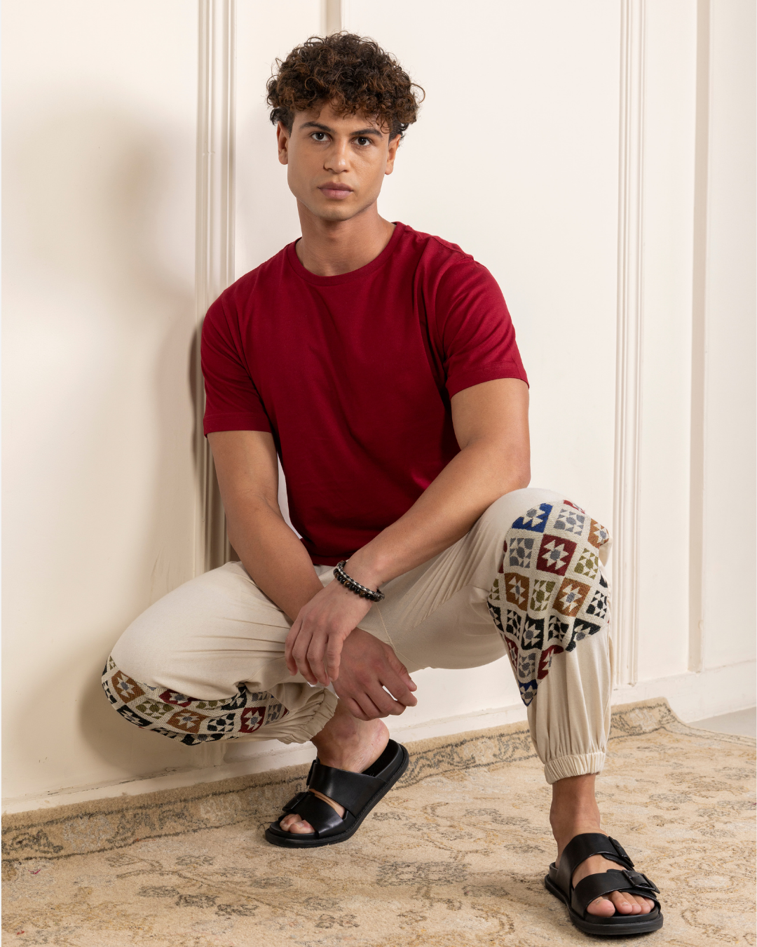 Ivory Men Embroidered Baggy Cotton Joggers with Lower Patch