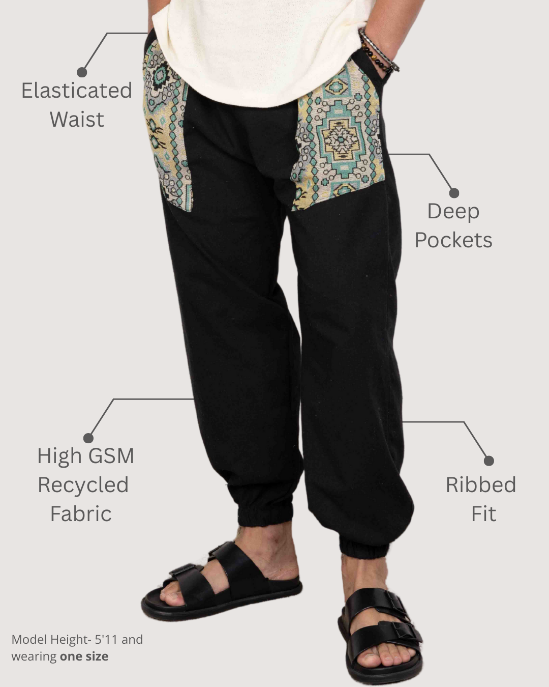 Black Men Embroidered Baggy Cotton Joggers with Upper Patch