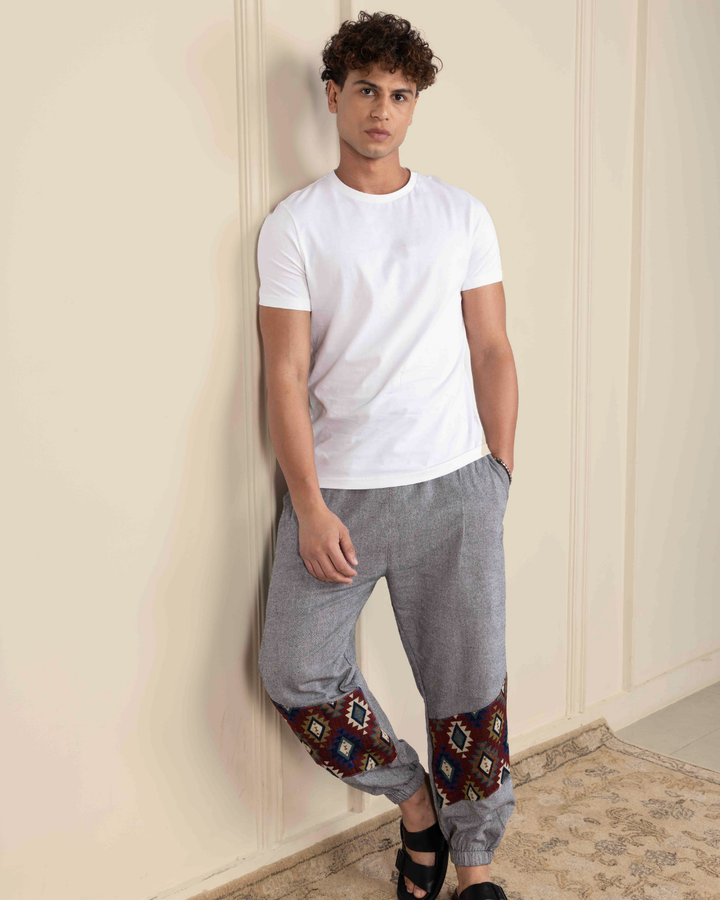 Grey Men Embroidered Baggy Cotton Joggers with Lower Patch