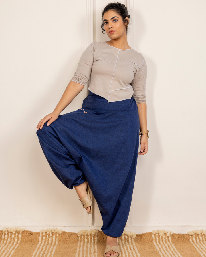 Navy Blue Women Loose Fit Cotton Harem