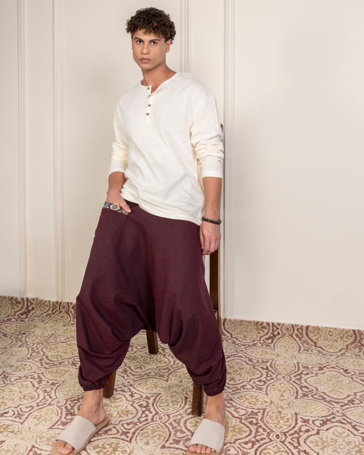 Maroon Men Loose Fit Cotton Harem