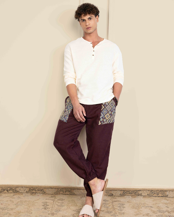 Maroon Men Embroidered Baggy Cotton Joggers with Upper Patch