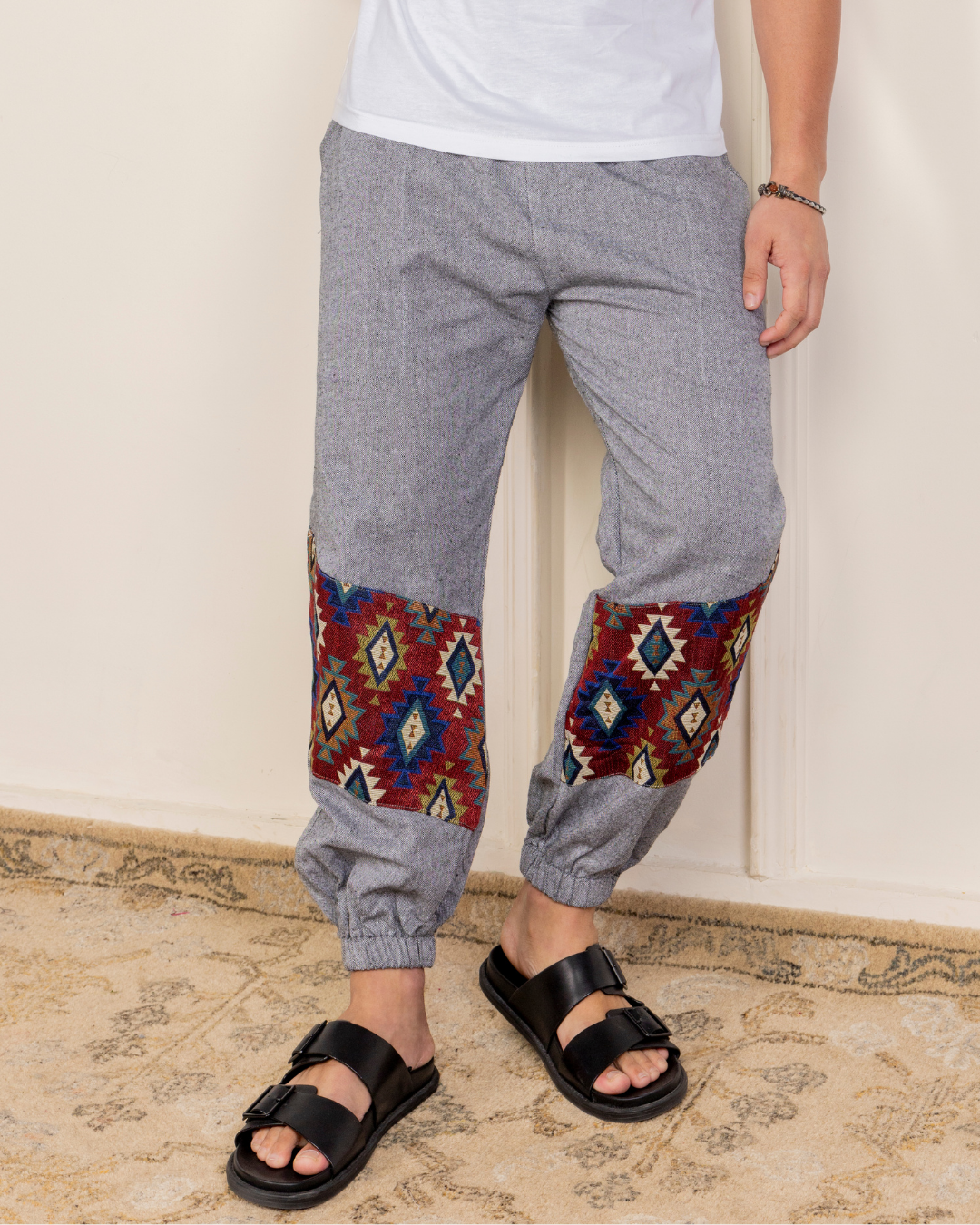 Grey Men Embroidered Baggy Cotton Joggers with Lower Patch