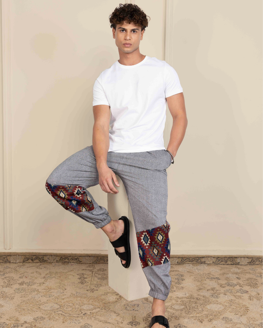 Grey Men Embroidered Baggy Cotton Joggers with Lower Patch