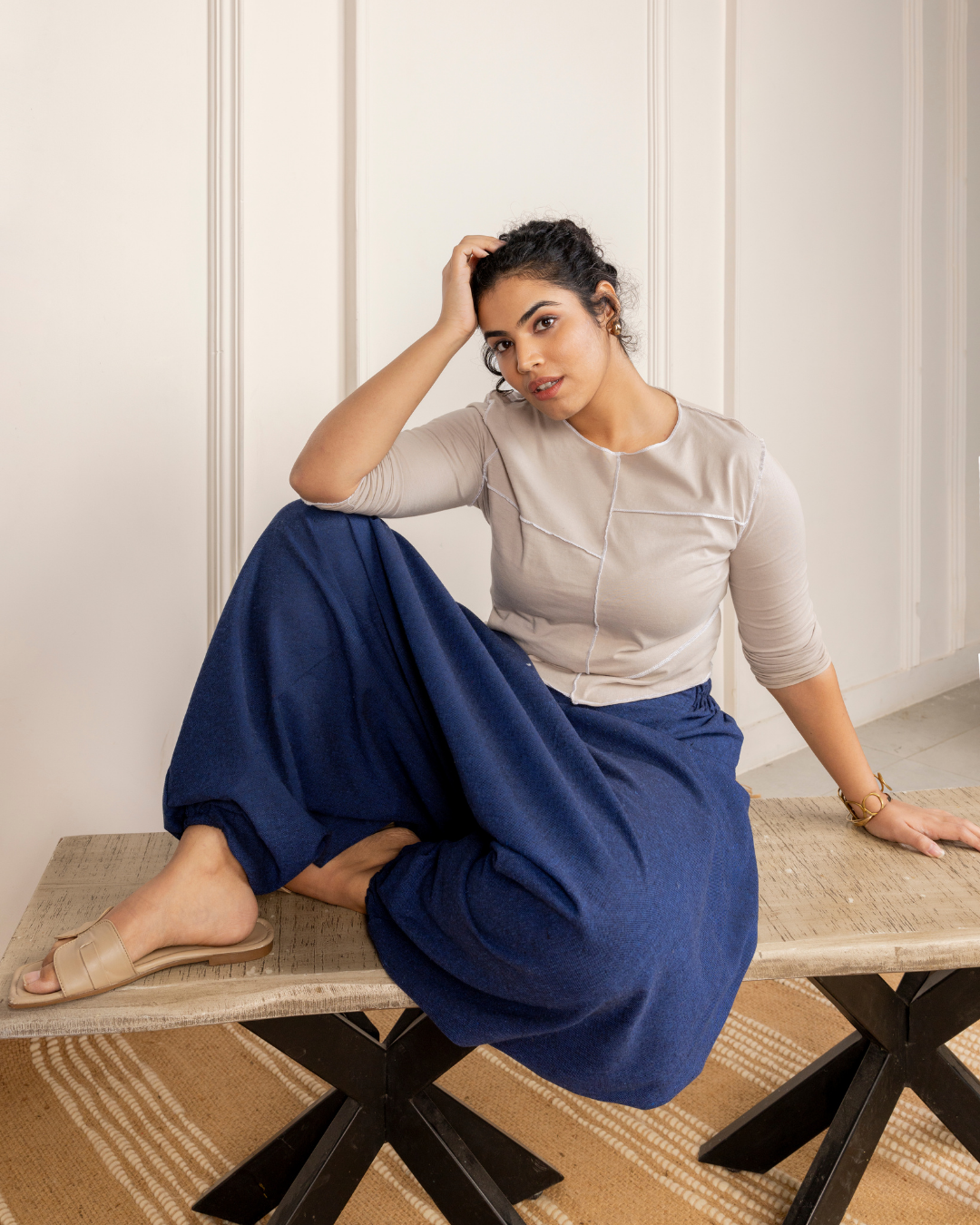Navy Blue Women Loose Fit Cotton Harem