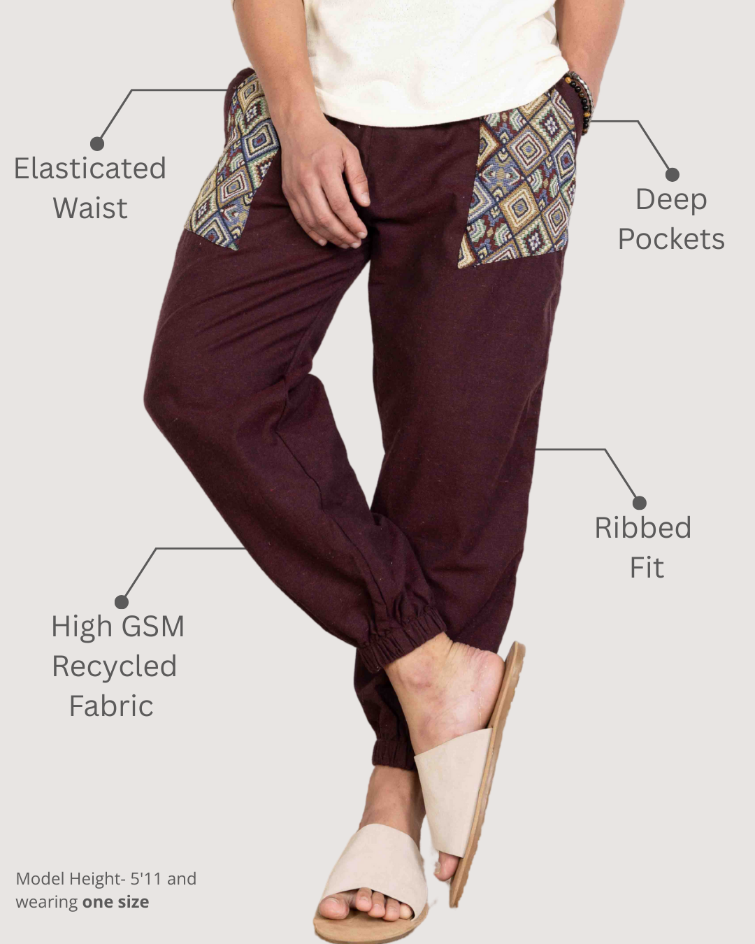 Maroon Men Embroidered Baggy Cotton Joggers with Upper Patch
