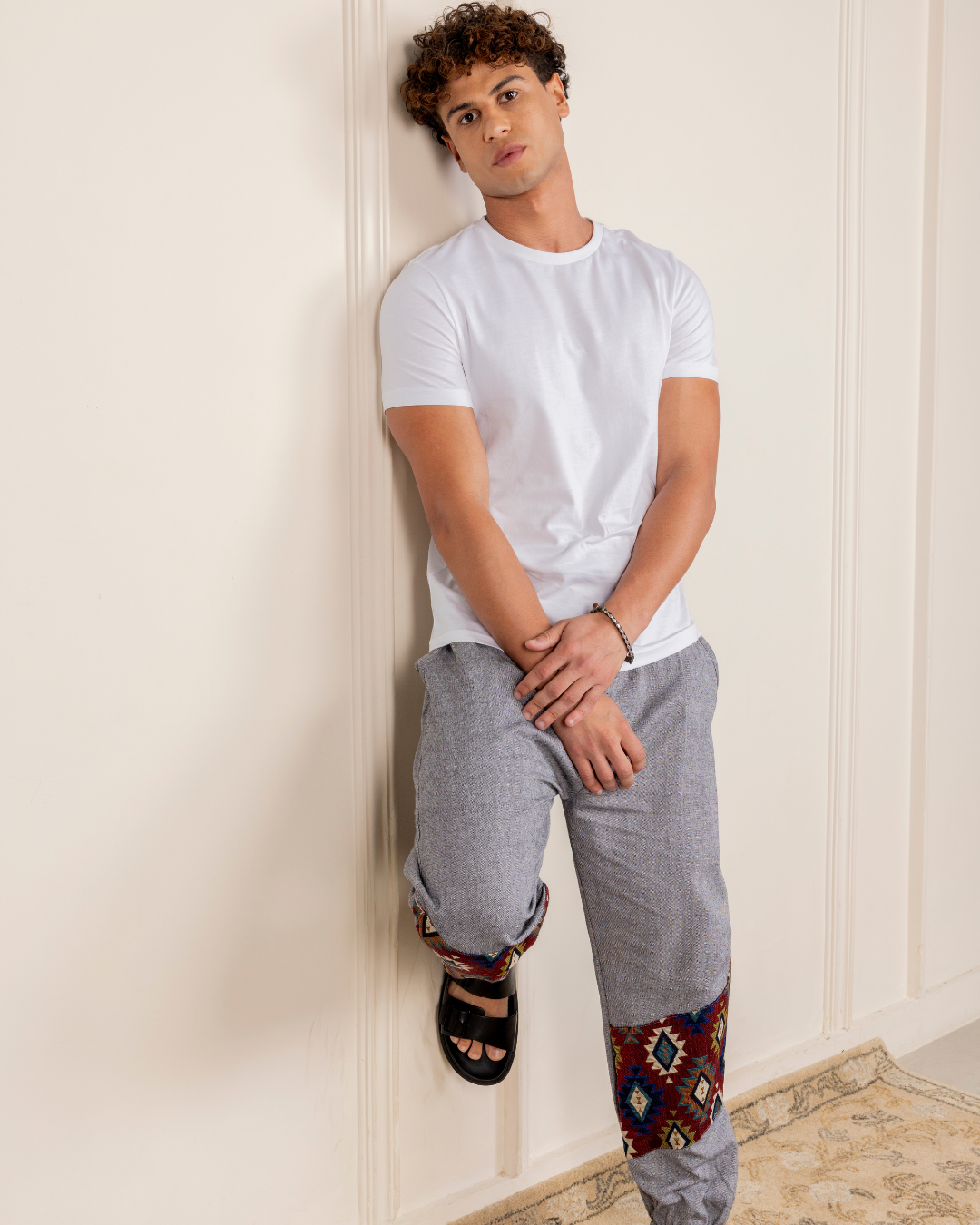 Grey Men Embroidered Baggy Cotton Joggers with Lower Patch
