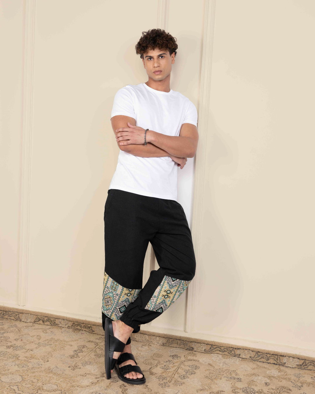 Black Men Embroidered Baggy Cotton Joggers with Lower Patch