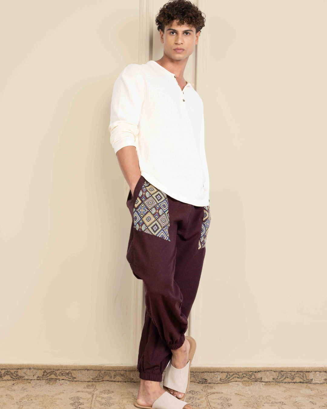 Maroon Men Embroidered Baggy Cotton Joggers with Upper Patch