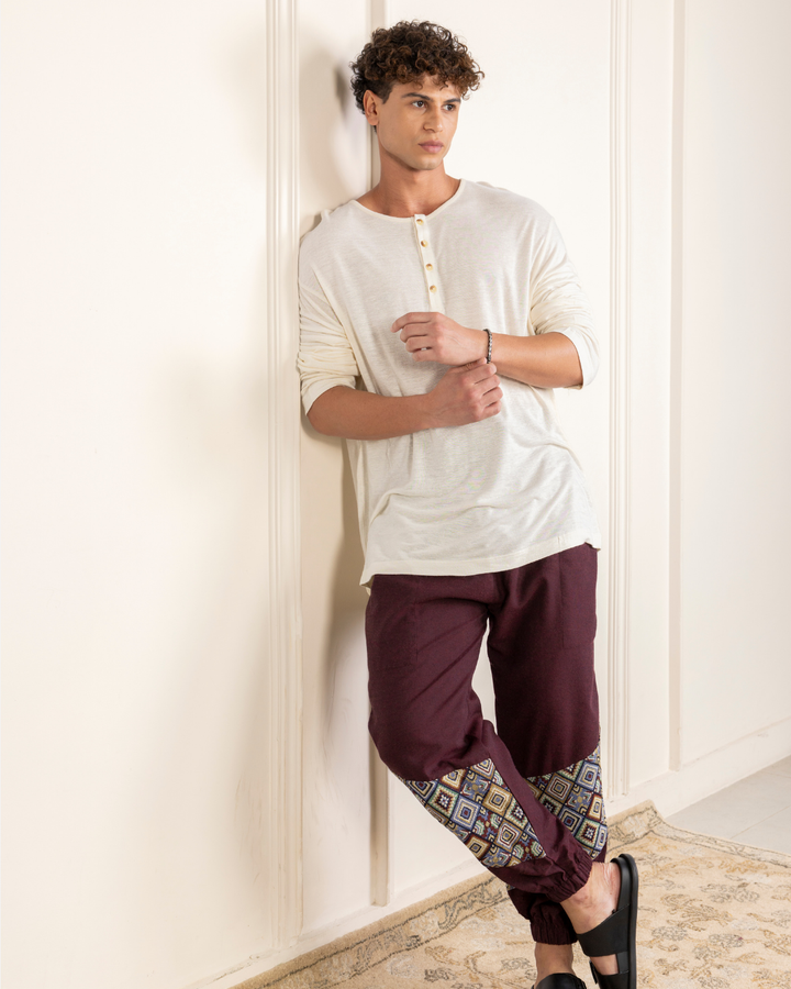 Maroon Men Embroidered Baggy Cotton Joggers with Lower Patch