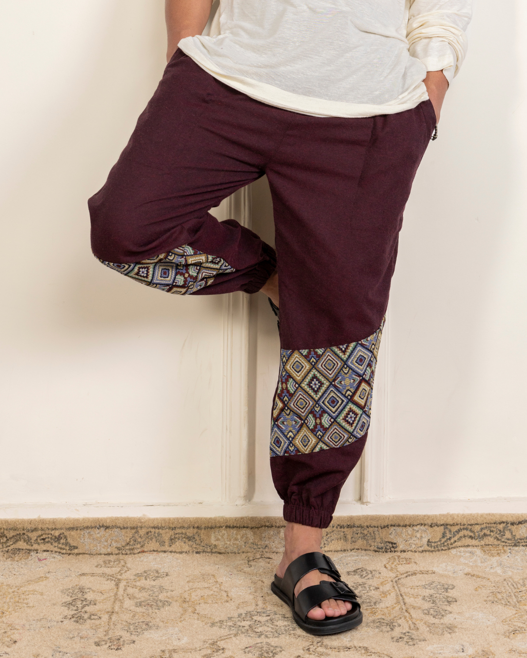 Maroon Men Embroidered Baggy Cotton Joggers with Lower Patch