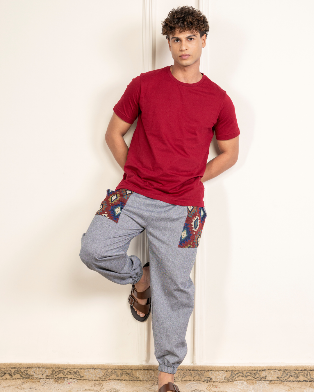 Grey Men Embroidered Baggy Cotton Joggers with Upper Patch