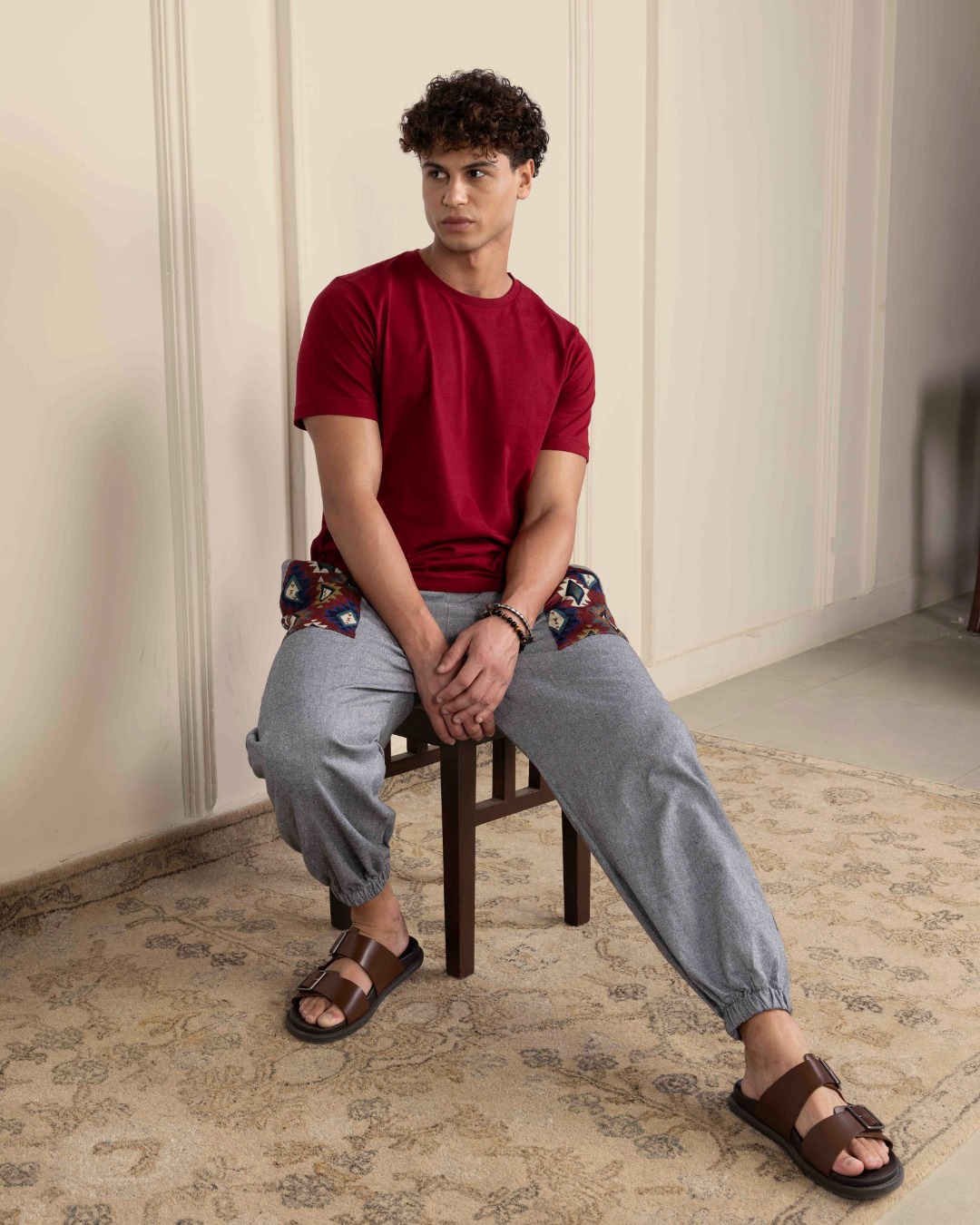 Grey Men Embroidered Baggy Cotton Joggers with Upper Patch