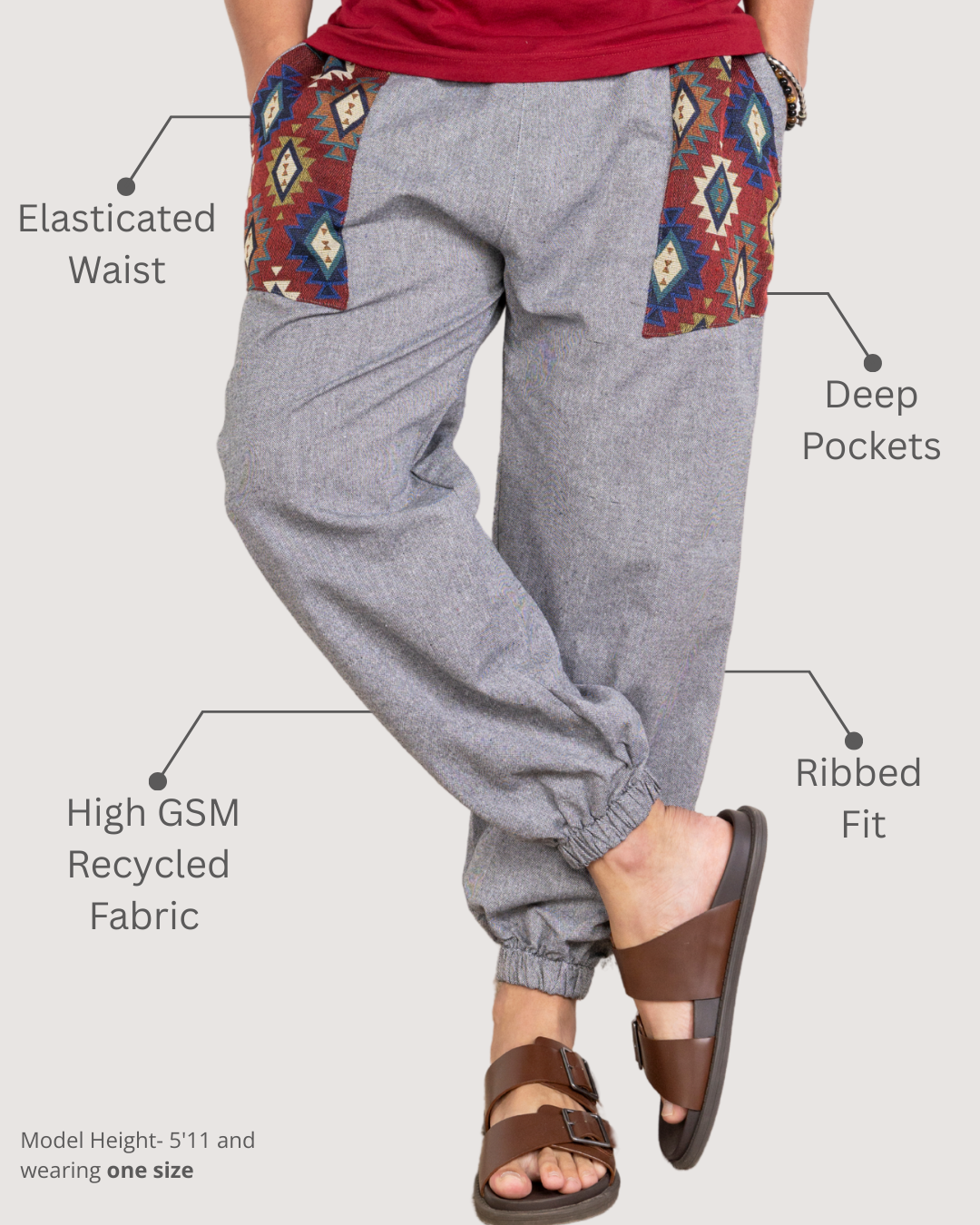 Grey Men Embroidered Baggy Cotton Joggers with Upper Patch