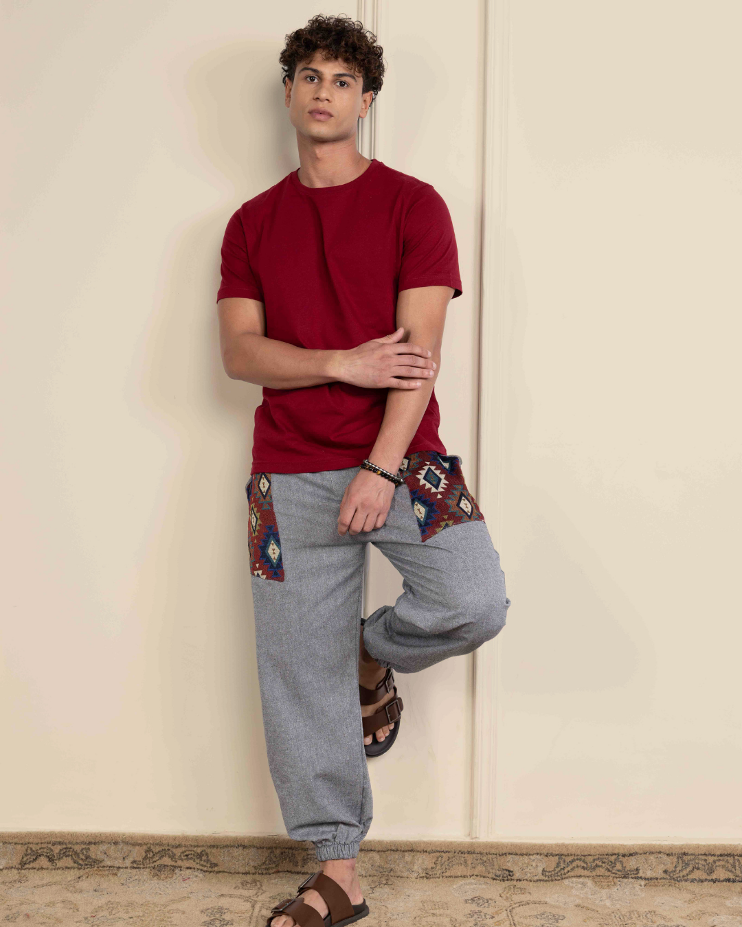 Grey Men Embroidered Baggy Cotton Joggers with Upper Patch