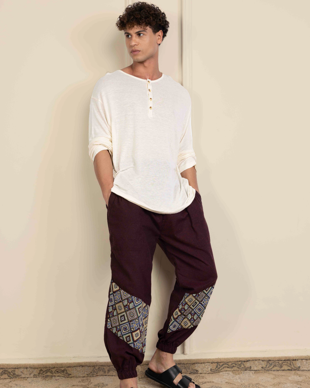 Maroon Men Embroidered Baggy Cotton Joggers with Lower Patch