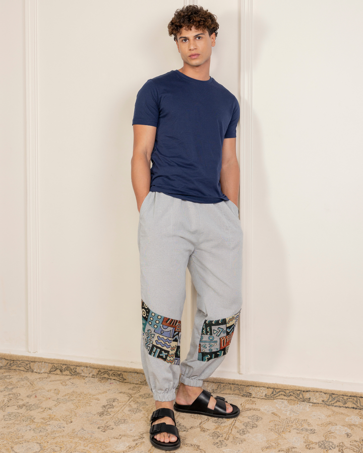Sage Grey Men Embroidered Baggy Cotton Joggers with Lower Patch