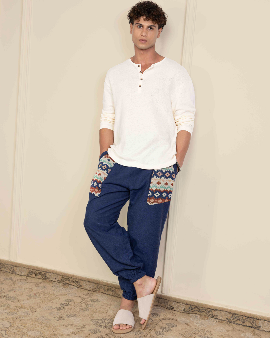 Navy Blue Men Embroidered Baggy Cotton Joggers with Upper Patch